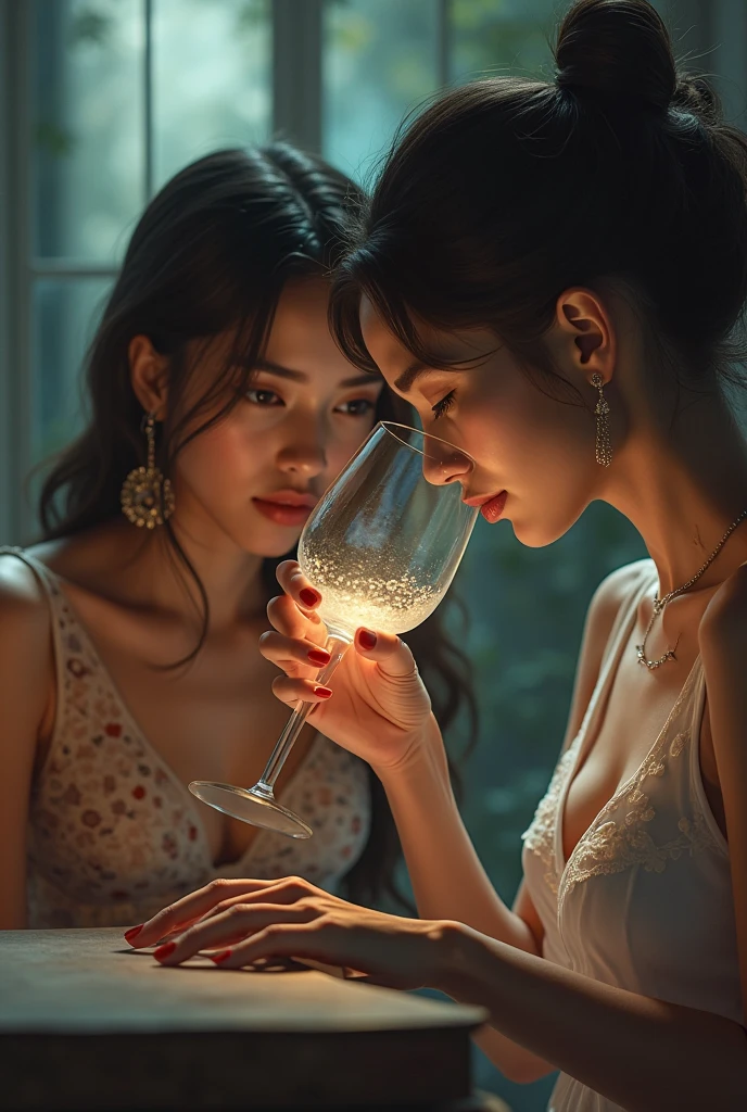 peeking perspective, 2 intimated young ladies, 25 years old, kissing in pain, cuddling on sofa. a table beside them, has wine on it.