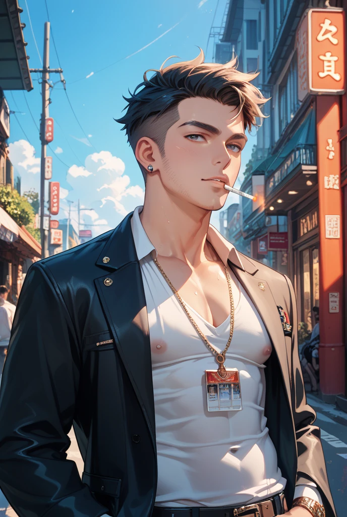 Man holding cigarette Rainy day Messy hair 8k best quality Masterpiece Very detailed wallpaper waist wrapping whole body thin waist wet body evil grin tall man licking tongue pavilion rain tall building jacket