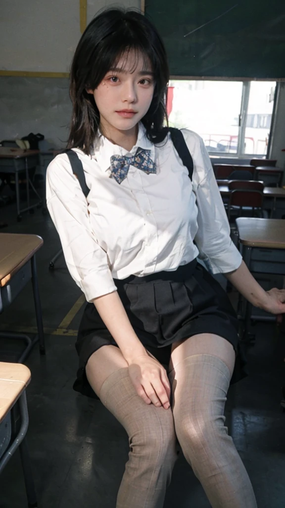 (8K、RAWphotograph、Highest quality、masterpiece:1.2),(Spread your legs wide,Spread your legs wide open),(Long Bob Cut),Looking at the audience,Front view,strong,erotic,student,white、The bra is very,whiteい肌,knees,(Black Pantyhose),Absurd,Small face,前hairを真ん中から分ける、The forehead is visible,(Embarrassing,きついeye,Glare,strong,skinny,skinny,Irritated)、masterpiece,Highest quality、Ultra-high resolution,Raw Panties,only,Beautiful poop,One person, One personで,whole body、cute、Return to student,JK Uniform,high school girl,Japanese women,Are standing,(Realistic:1.37)、Photon Mapping,Realistic、cuteSmall face,brownのeye、(Red bow tie)、Radio City、物理ベースのonlyダリング、Zenikichi、Written boundary depth、Blurred Background、photograph,girl、body,Beautiful feet, Long legs, Thin legs,Tie your hair into one strand on your chest,(前hairが見える), hair, lips, green_eye, Soft Nose,(whiteのシャツ), (brown, ベージュとwhiteのチェック柄プリーツスカート), kneesが見える,Light clothing,, thigh, black cotton socks,Nogizaka idol, actress, Japanese ID、Big and ample breasts、Cleavage、Unbutton your shirt and look at your chest、(The detailed shape of the female genitalia is clearly visible: 1.4), Masturbation Girl,whole bodyphotograph、Lift your skirt yourself、Highest quality、Low people々、、、very good、very good、No pubic hair、The genitals are wet、School、Inside the school building、Schoolの廊下、Black kneese-high stockings、Black kneese-high socks、