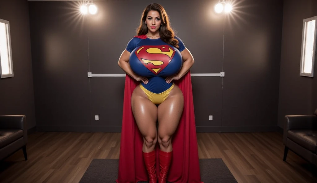 bbw superheroine drugged and weak next to a doctor, full body,