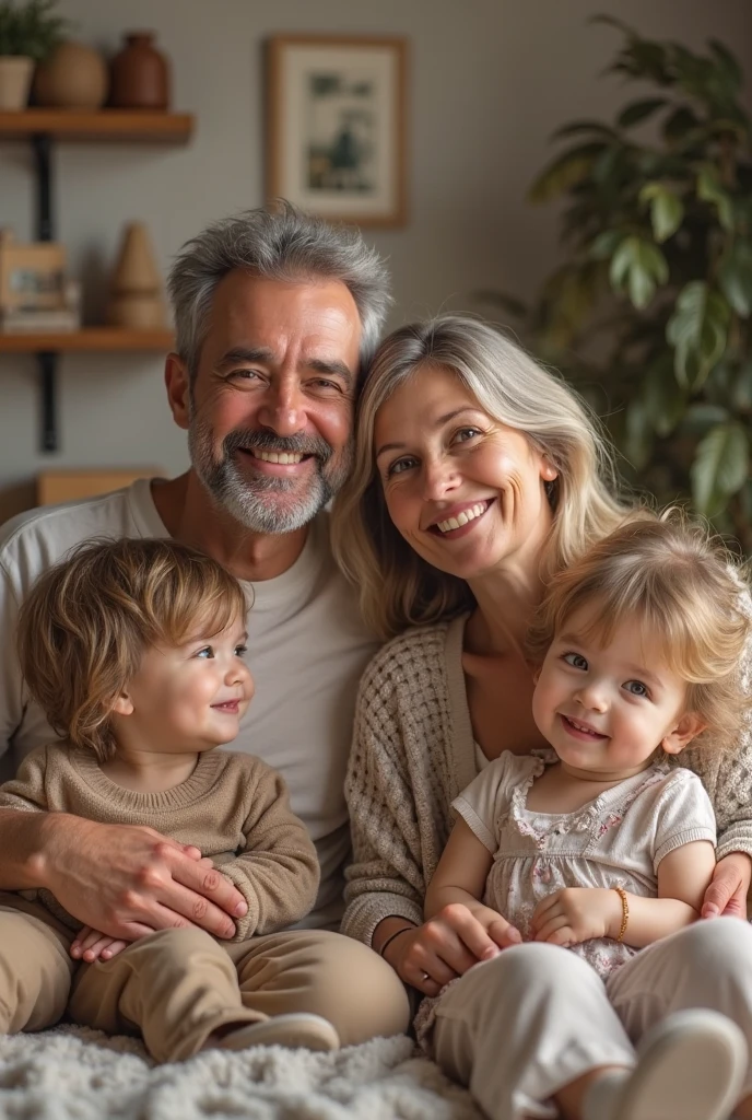 A happy man with his mother and wife and 1 child