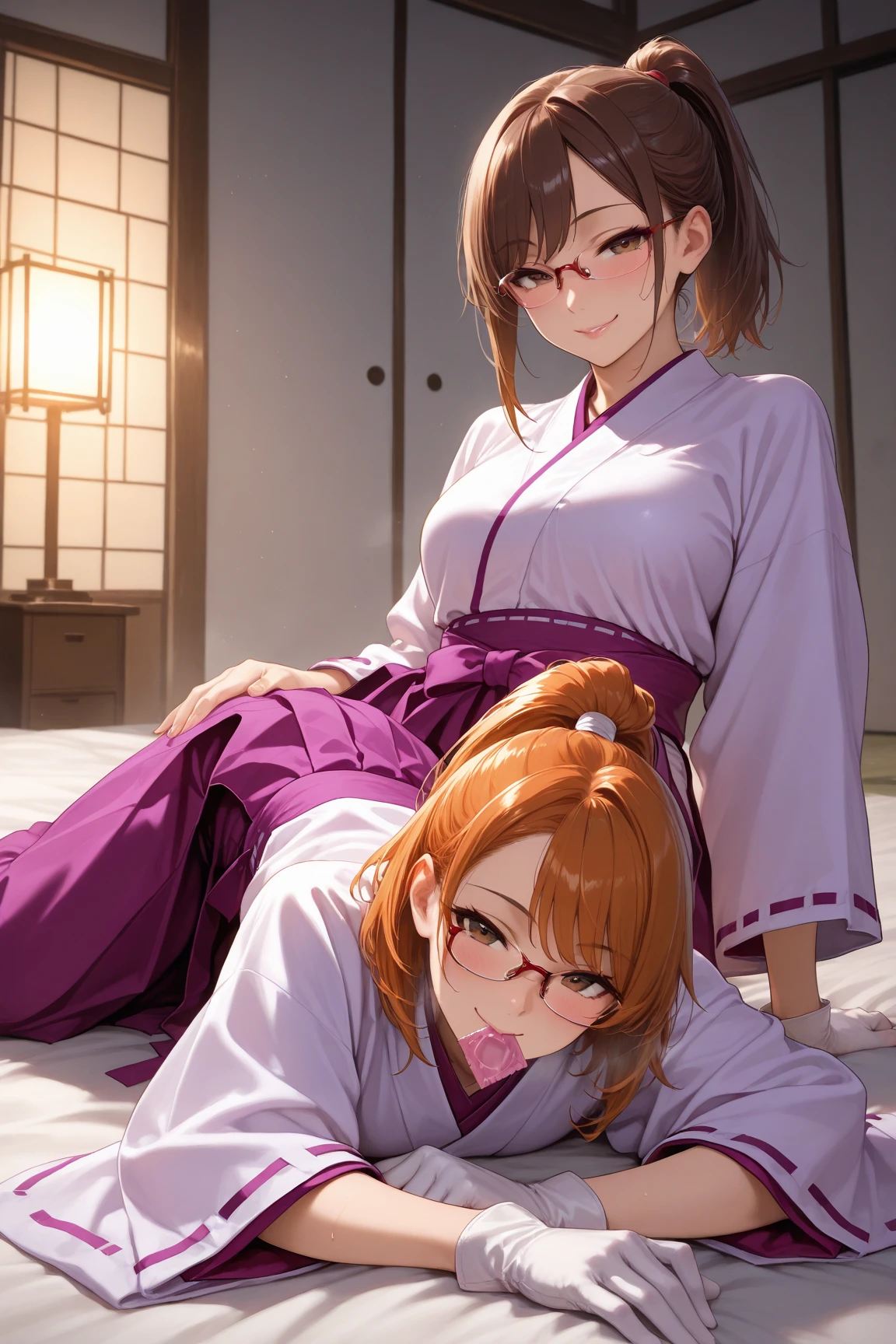 masterpiece、highest quality、1girl , solo , huge breasts、deep cleavage、light pink hair、ponytail、brightly colored eyes、blue eyes、black glasses、japanese green kimono、hakama、flashy necklace、charm、Wet、face turns red, very sweaty, dynamic pose、standing、Headphones worn around the neck、flashy hair ornament、mesugaki、shrine
