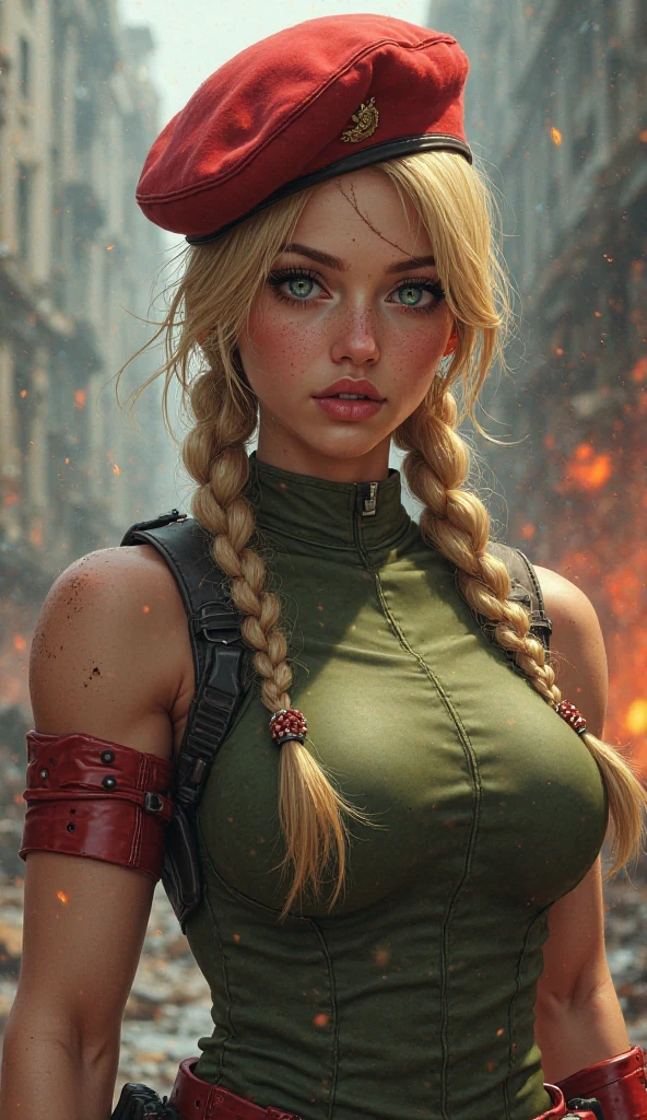 Hyper realistic super detailed sexy Cammy White , Very detailed, expressions faciales sexy, seductive facial expressions, [:(Face detail: 1.4): 0.4], 16K resolution, 4k resolution, dinamic lighting, High definition resolution, (hyper realistic: 1.4),(contrasting background: 1.5), (Anatomy of the hyperrealistic arm), (Hyperrealistic anatomy of the legs), (peau propre), (lighting cinematic: 1.7), (intime), (Technologie NVIDIA RTX Ray Tracing), (Anatomy of the hyperrealistic arm: 2), (Ventre plat parfait), (image couleur),  Cammy White  ,breasts, cleavage, blush, medium breasts, gym, exercising, big exercise ball, crunching on an exercise ball, diagonal view, bangs, looking at viewer, collarbone, solo focus, indoors, sweat, pov, no bra, Cammy White , twin braids, long hair, blonde hair, antenna hair, beret, (red headwear:1.3), blue eyes, scar on cheek, green leotard, large breasts, sleeveless, red gloves, fingerless gloves, camouflage,