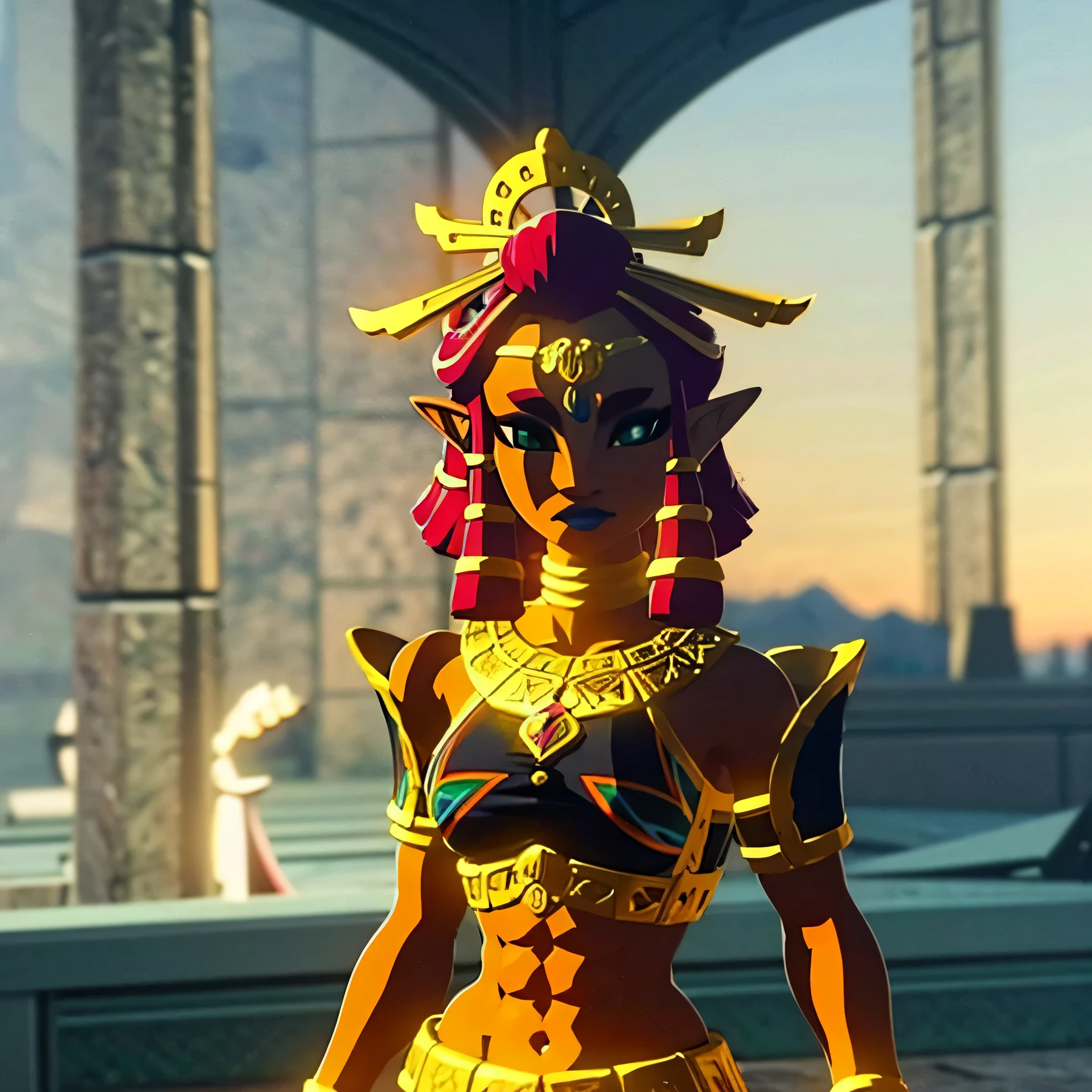 "Zelda OTW, dans le style OTW,HD, high quality, extremely detailed face and body ,Riju, debout, tenant deux cimeterres, summoning lightning. She displays well-defined abs, gros cul, Riju, From of Legends Zelda, in a ruined castle."
