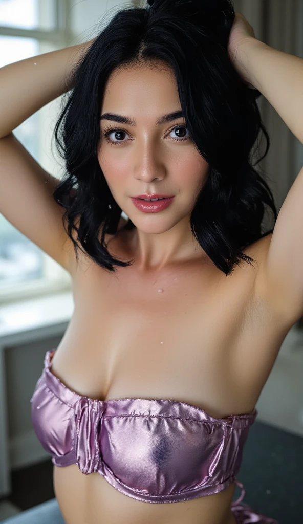 Fancy Poodle Dress, A cinematic and realistic portrait of a Most sexy and adorable woman in her 30s, with her hair perfectly styled, smiling confidently at the camera, white skin, Lob (long bob) brown hair