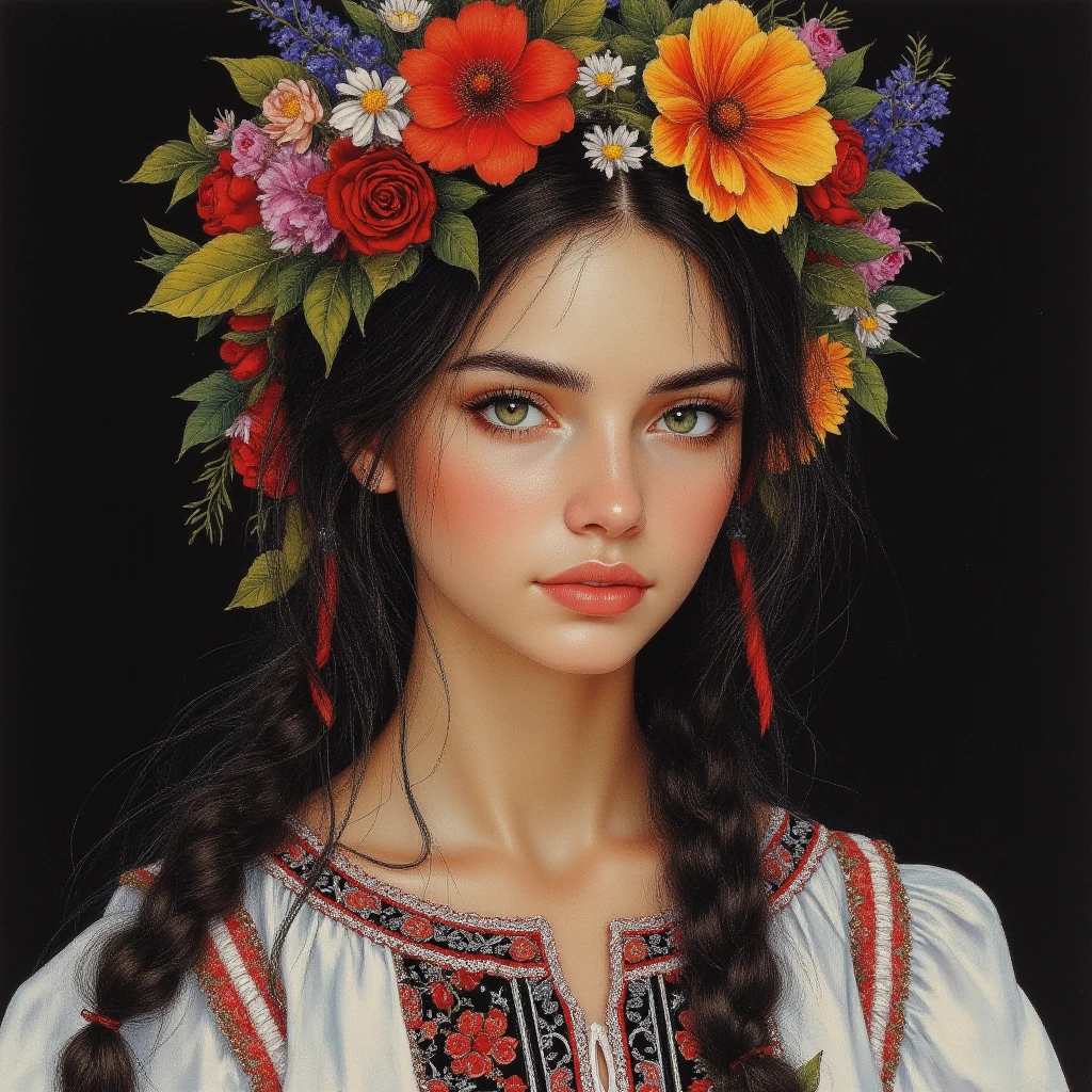 [Em uma folha de caderno de desenho com linhas azuis, A beautiful and intriguing woman looks at the viewer with a faint smile on her lips. Ela tem cabelos longos e escuros, que caem sobre os seus ombros. She wears a black hat adorned with red flowers, yellow and purple on the head. The hat contrasts with the white background of the leaf. The image is a true work of art of pencil painting, inspirada no estilo realista e detalhado de Diego Koi, um famoso artista italiano.] --auto