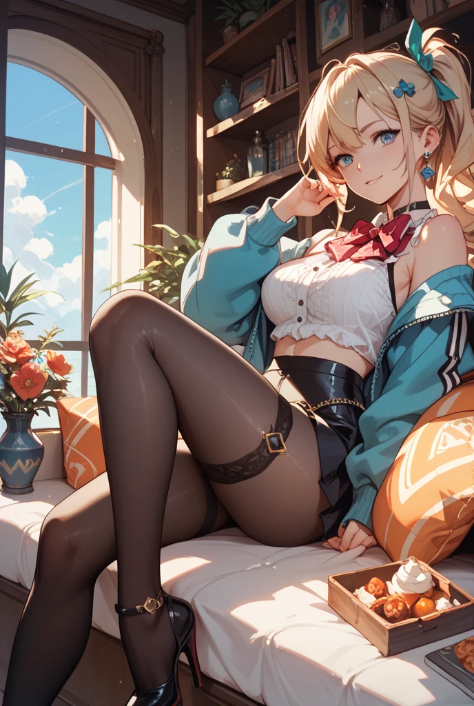 (masterpiece, best quality:1.2), solo, Android 18 from Dragon Ball, ((light gray hooded crop sweatshirt, long sleeve, light gray sport shorts, black thin thigh highs, knees up, beautiful butt, thighs, purple panties)), small breasts, blonde hair, (single hair bun), ((blue eyes)), (wearing glasses), earrings on earlobes, slender feminine figure, skinny body, (drinking a coffee), cleavage, off shoulder, light blush, chill, hot coffee, organized, simple, white-based interior, a few plants, cloudy sky, terrace, magnificent view, blur background, 4K, on the cute chair, (pale blue chair),