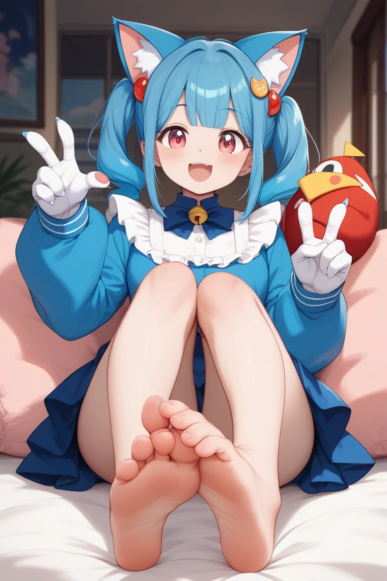 (a blue harpy girl),(best quality, ultra-detailed),(sit on chair),(presents her bird claws),(view from below)