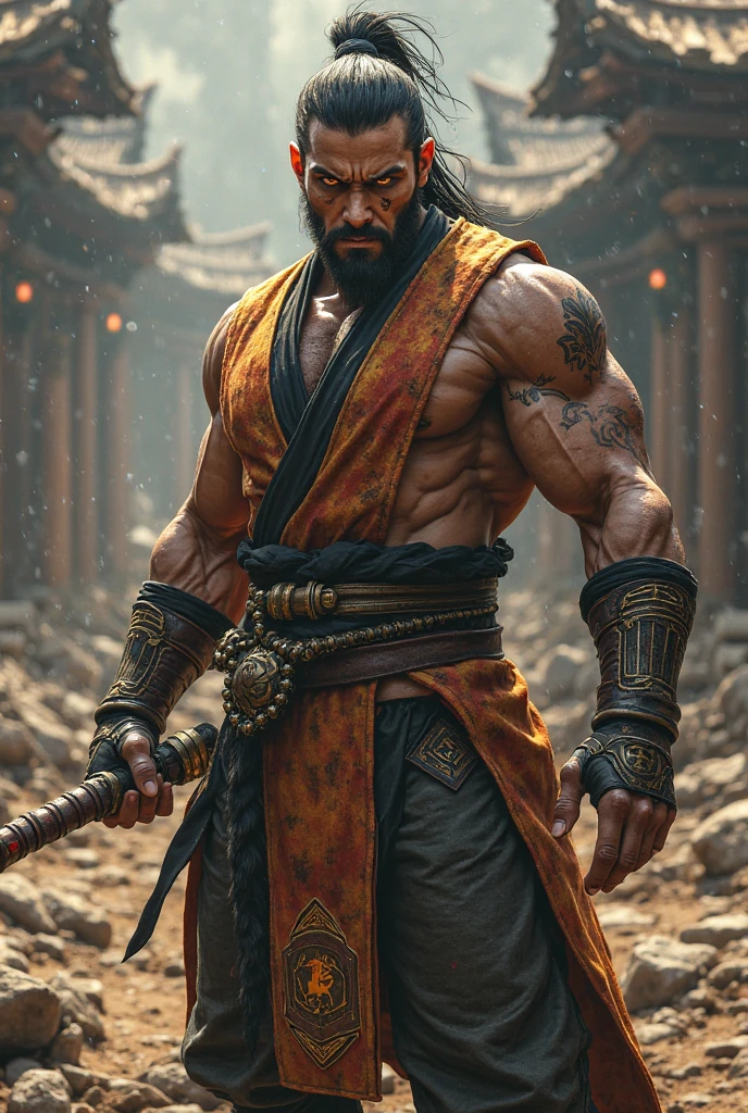 samurai warrior, ((masterpiece, highest quality, Highest image quality, High resolution, Raw photo, 8K)), ((Extremely detailed CG unified 8k wallpaper)), (huge stunning warrior shot, full body, jaw-dropping masculinity, perfect proportions, beautiful body, musclural body beauty:1.4), black hair, black hair, nervous, Posing for the camera, Wearing samurai armor, In a warrior fighting stance, photorealistic, 16k, 8k, 4K, award winning
