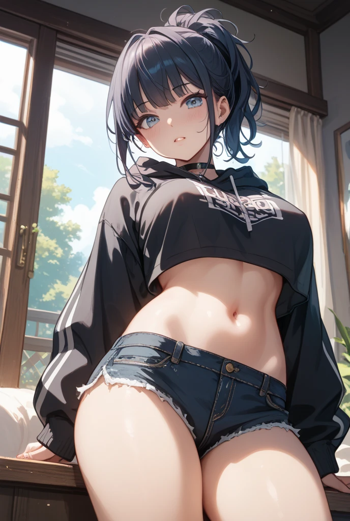 Messy hair, black hair, short medium hair, female, girl, wearing, shorts light brown, grey bra with white stripes, raped white stcky water on her, wet, brown shorts, brown tight shorts tiny shorts, no panties, no underwear