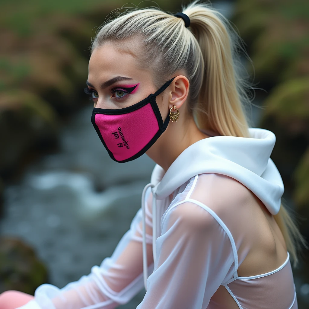 a young woman, street, ponytails, messy hair, wearing a vivid jacket, tshirt crop top, (loose shorts), (wearing fashionable detailed translucent (plastic [medical|scifi] mask covering mouth)), (walking towards camera), (hdr:1.3), (muted colors:1.2), dramatic, complex background, cinematic, filmic, (artstation:0.8), soaking wet, detailed toned ripped body, <lora:weird future fashion_v4:0.8>, professional supermodel photoshoot, shallow depth of field, sharp focus, bokeh