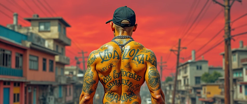 Man with a tattoo on his back, Tupac, Tupac Shakur, British gang member, arms covered in gang tattoo, Yoruba body painting, wearing shipibo tattoos, 8K resolution. Tupac, tattoo on the back, view back. Nuri Iyem, rapper, crips