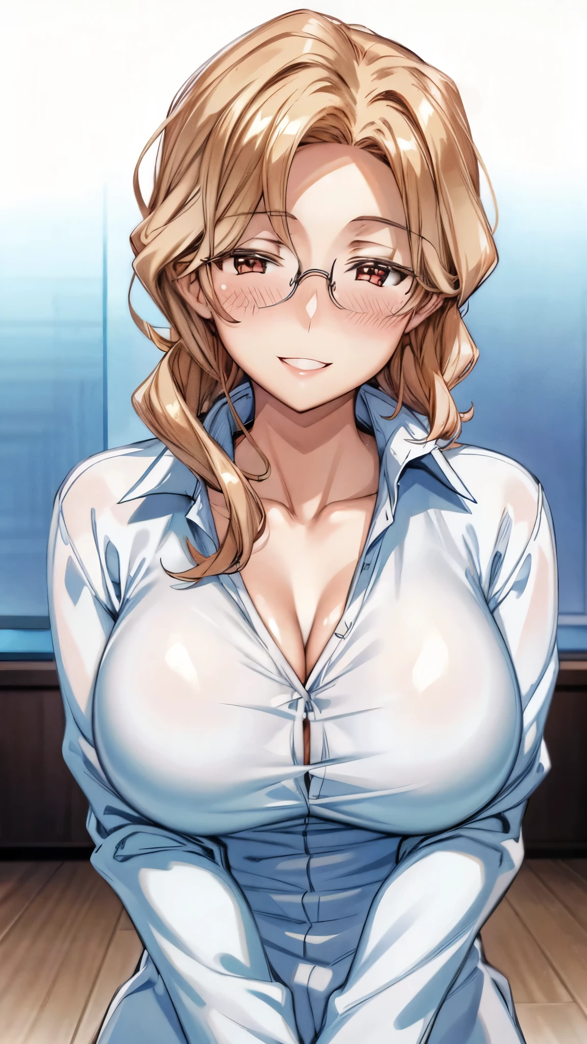 Stationary face, Korean Girls, beautiful teacher, Looks arrogant, Bra edge showing, Eyeglasses, long straight hair, cleavage,((Sit in the classroom)), Look up at the camera., Lace leotard, ((Golden hair)), close-up
