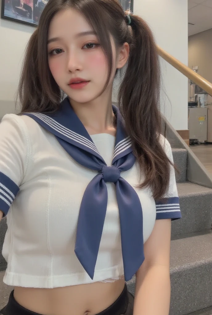 A woman with the same face as last time,4K、1Man Woman、A slender、 Loose wavy styling, Ecstatic expression,Woman wearing a sheer top and posing for a photo, see - through, オープンV胸のa sailor suit、Revealing clothes, Smooth translucent skin, a sailor suit, perfectly proportions, 、captivating and enticing、full bodyesbian、Including face and skin texture.,Detailed eyes、Seducting look