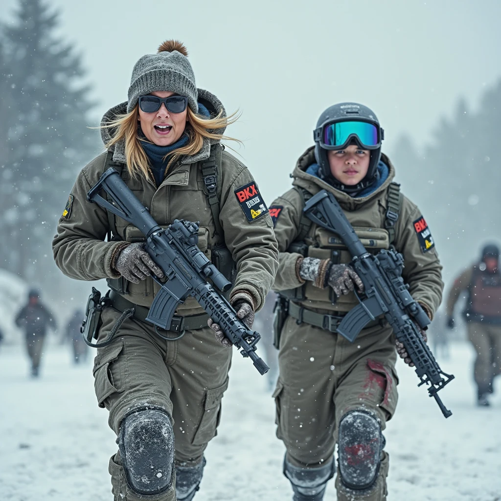 (Photorealistic), Beautiful lighting, Best Quality, Realistic, Full body portrait, real picture, Intricate details, depth of fields, 3 lesbian women embracing , In a cold blizzard, Very muscular soldier girl with a haircut, Fatigue of the army wearing winter camouflage, Camouflage Plate Carrier Rig, Combat gloves, (Magazine Pouch), (Kneepads), highly detailed, Perfect face, Blue eyes, Lips, wide hips, Small waist, tall, make up, Tactic, FUJI XT3, Outdoors, bright day, Beautiful lighting, Raw photo, 8K UHD, Film grain, ((Bokeh))