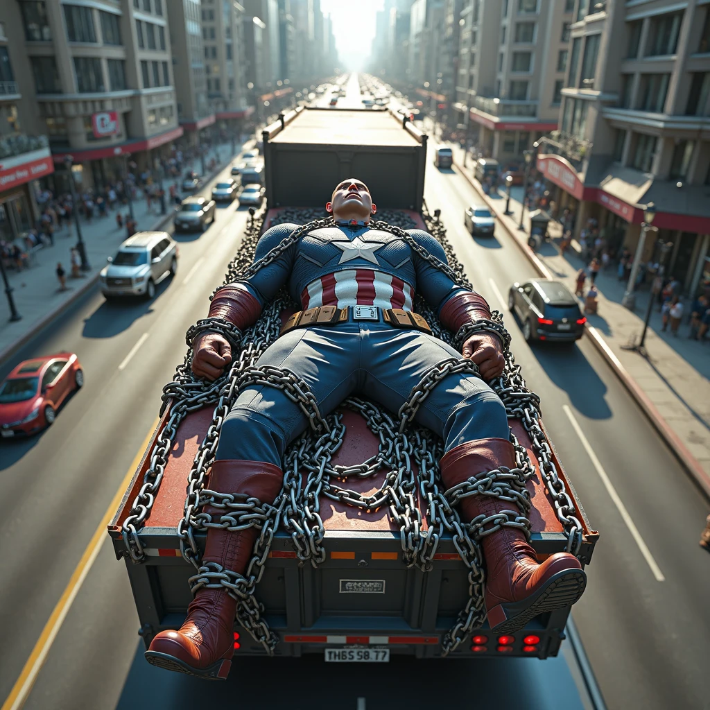 A colossal and gigantic Captain America, restrained and completely wrapped in massive, industrial-strength steel chains, lies flat on the cargo bed of a heavily reinforced transport truck. His muscular body is fully secured with the chains tightly wrapped around his torso, arms, and legs, with an enormous high-tech steel padlock placed at the center of his ?????, just above his iconic star emblem. The shield is strapped to his back, partially visible through the gaps in the chains, reflecting the sunlight. The truck is driving through a bustling modern city filled with towering skyscrapers, dense traffic, and urban life. The aerial perspective showcases the overwhelming scale of the scene, emphasizing the massive proportions of Captain America. The setting is under bright daylight, with realistic lighting casting strong shadows from the chains and the truck onto the pavement. The metallic surface of the chains gleams under the sunlight, creating a striking contrast against the deep blue and red of Captain America's battle-worn suit. The image is highly detailed, ultra-realistic, and rendered in 8K high resolution with perfect depth of field, cinematic composition, and photorealistic textures, making the scene visually stunning and dramatic."

