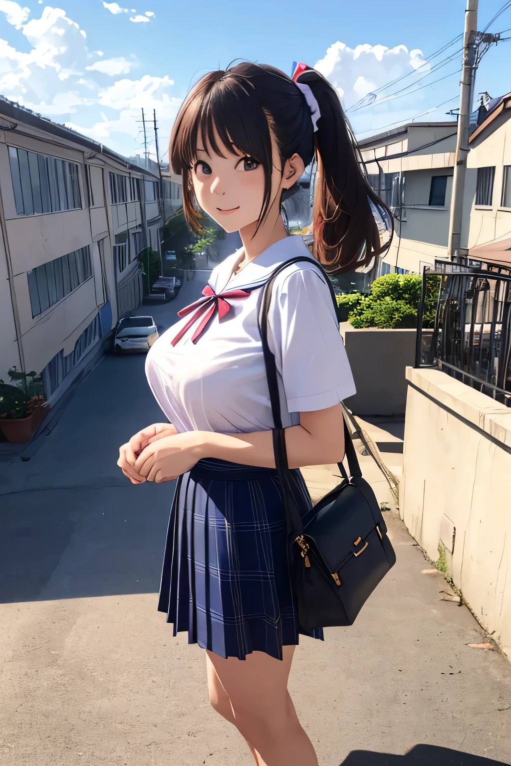 top quality、high resolution、(HD:1.3)、masterpiece、detailed background、(Highly Detailed Faces:1.3)、(detailed eyes:1.3)、age beauty、(huge breasts:1.3)、anatomically correct、perfect body line、(Normal number of fingers:1.3)、Bright-colored hair、ponytail、straight long、medium hair wrapped lightly、natural, ruddy makeup、on the roof of the school building after school、the soft evening sun shines through the iron fence、the sky is light blue so that the sky is clear、fun atmosphere、
(on the roof of the school building after schoolで笑い合いながらそれぞれ自由な動きで過ごしている3人の少女:1.5)、
(Three girls with a dazzling and dazzling moment that seems to have captured a moment of their youth:1.5)、
1 person jumps and spreads his hands、the other one is laughing quickly while holding down their skirt swaying in the wind、the fresh wind softly flutters the hair and ribbons、and a bag left underfoot and several textbooks、and an open space with nothing around The inorganic wall of the school building、And the spreading blue sky、JK uniform、plaid pleated skirt、loafers、navy high socks、ribbons of different colors、cute