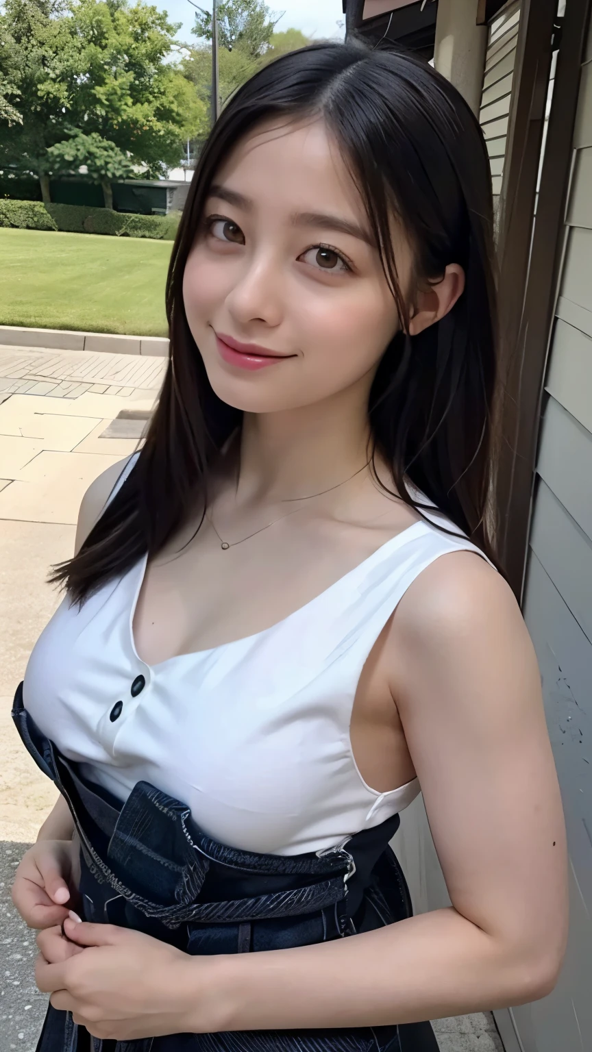 Outdoors、selfie、Angle of View from Above、High Quality、realistic texture、open chest shirt、is erotic、sexy、sensual face、big breasts、no bra、