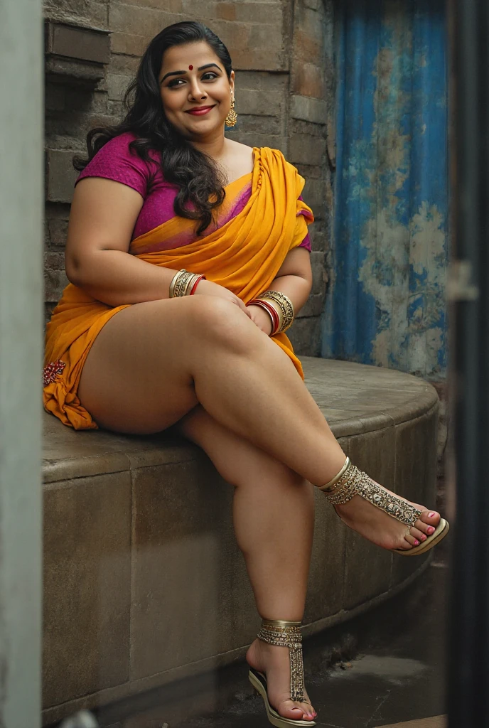 Sexy Indian aunty bangali actress monalisa sitting on swing, fatty thighs, fatty body chubby body type big fat body, bbw women, wearing red panty,blue long skirt ,pink top,bbw,,big size body, spreding legs,