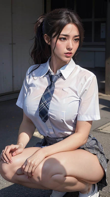 (Sit with your legs apart:1.4)、Full body view from head to toe、detailed slender legs、 (High school uniforms、Checked mini skirt:1.5), (High 、Clothed big tits、tuck shirt into skirt:1.4),15-year-old high school girl,Cute Japanese Girl,シャツを押し上げるHuge breasts、(Bursting Busty:1.3), (Highly detailed beautiful face),Great face and eyes, (Best Quality:1.4), Beautiful feet(Super detailed),Thighs、Big Ass、Huge breasts,((Mastepiece, Best Quality, High resolution, Ticker, Perfect Pixel, Depth of written boundary, 4K, Ticker, Ticker)),1 Girl, One-off, Solo, Beautiful Anime Girl, Beautiful art style, Anime character, (Medium Hair、Hair between the eyes)), (Large round eyes, Beautiful eyelashes, Realistic eyes:1.2), (Smooth texture:0.75, Realistic texture:0.65, It's photorealistic:1.2, Anime CG Style), (Movement angle, Dynamic Pose:1.4), Perfect Body,Very large ,Breast bag、Wrinkles on shirt、