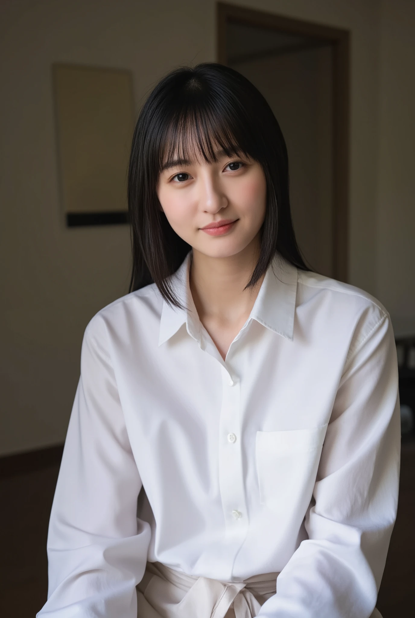 Beautiful Japanese Woman, soft skin and perfect face, A small face with a nose and rosy lips, Beautiful Eyes, Beautiful smile. black, Surrounded by a bright, ethereal glow、Thin, long, beautiful hair. A loose, medium hairstyle with gradation highlights and grey layers, Navy band collar shirt x yellow houndstooth flare skirt, Bright neon colorful background, Hyperrealistic female photos, High quality high resolution 8K masterpiece