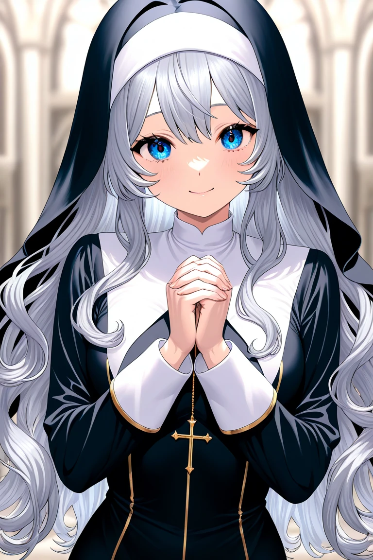 katetakayama, <lora:kate takayama s2-lora-nochekaiser:1>,
kate takayama, long hair, white hair, mole, aqua eyes, mole under eye, smile,
BREAK long sleeves, dress, jewelry, necklace, black dress, cross, nun, habit, cross necklace,
BREAK indoors, classroom,
BREAK looking at viewer, (cowboy shot:1.5),
BREAK <lyco:GoodHands-beta2:1>, (masterpiece:1.2), best quality, high resolution, unity 8k wallpaper, (illustration:0.8), (beautiful detailed eyes:1.6), extremely detailed face, perfect lighting, extremely detailed CG, (perfect hands, perfect anatomy),
