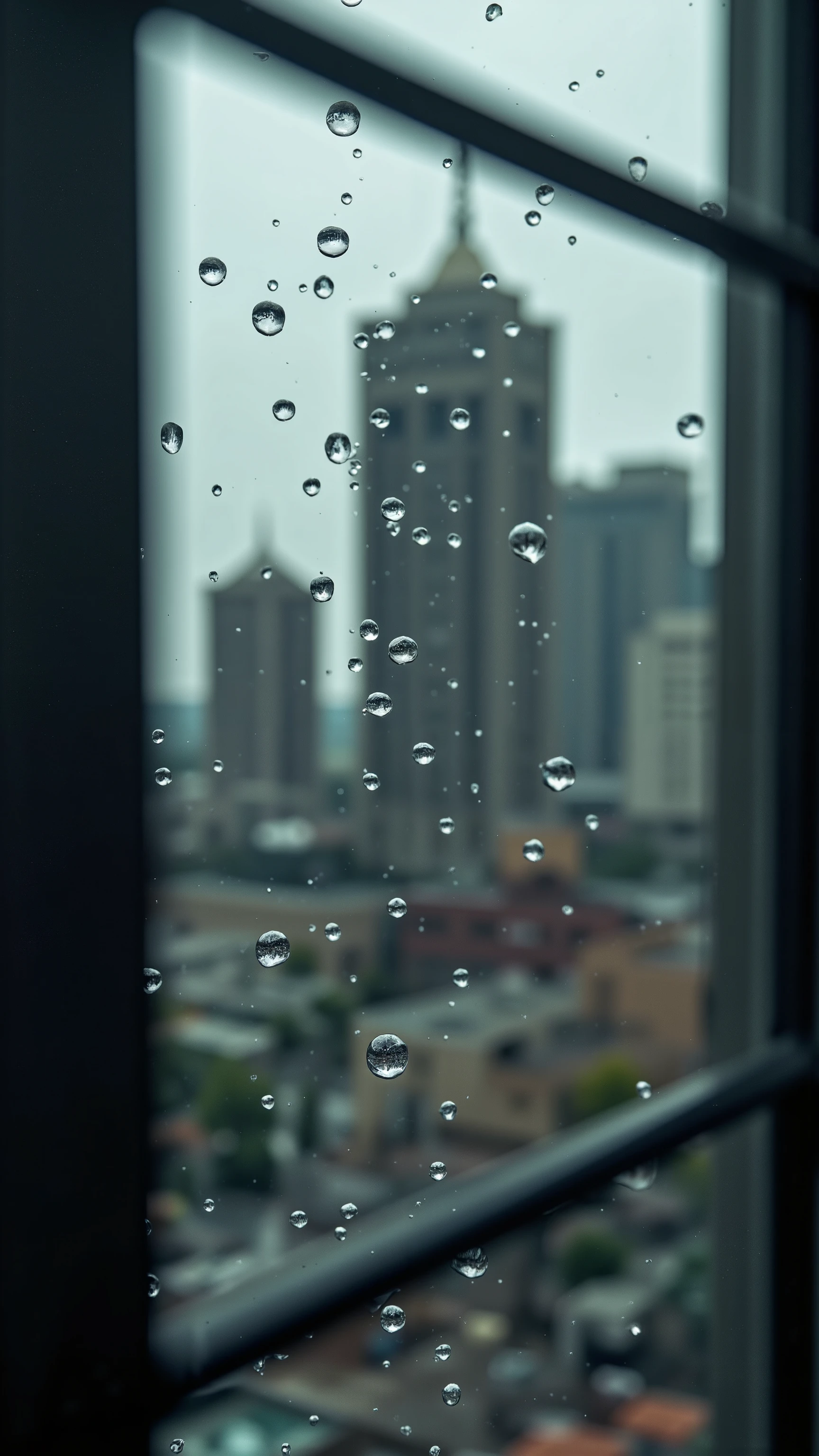 A photograph looking up at the sky. Many raindrops are falling. Focus on the raindrops. Each raindrop has a beautiful reflection of a cityscape. super close up of raindrops. ray tracing, UHD, HDR, 16k, DSLR, cinematic, photorealistic, masterpiece, award-winning.