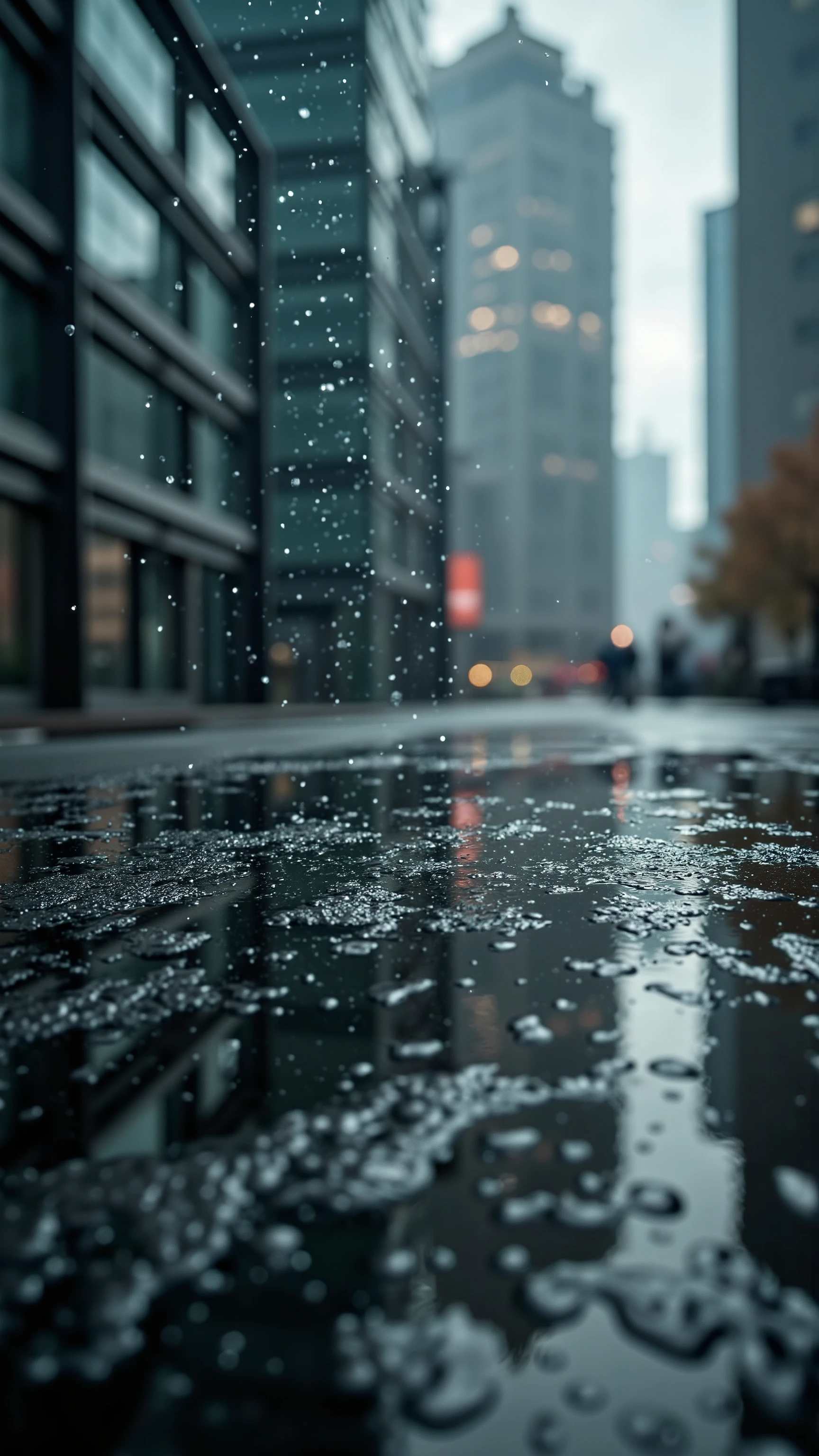 A photograph looking up at the sky. Many raindrops are falling. Focus on the raindrops. Each raindrop has a beautiful reflection of a cityscape. super close up of raindrops. ray tracing, UHD, HDR, 16k, DSLR, cinematic, photorealistic, masterpiece, award-winning.
