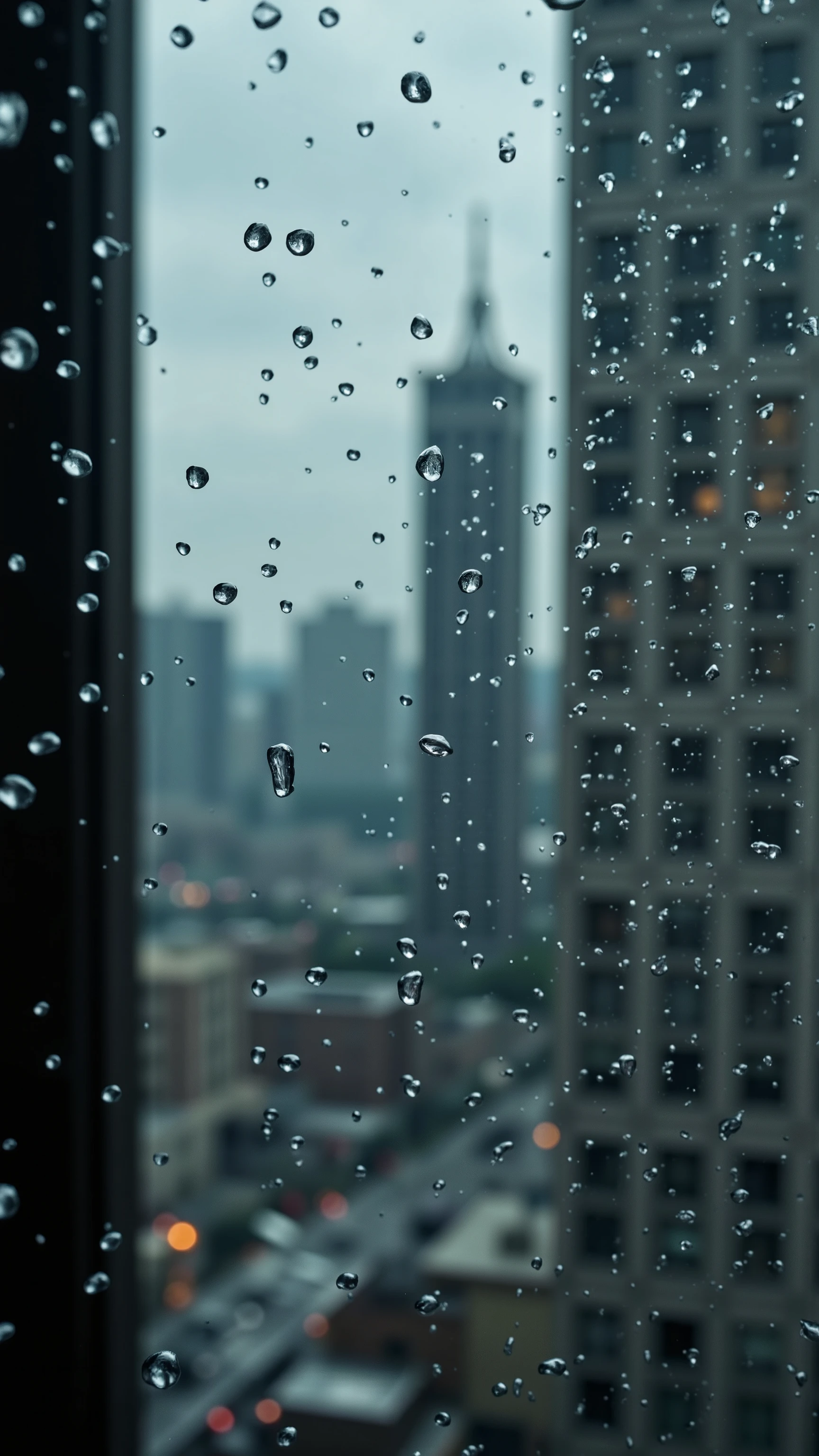 A photograph looking up at the sky. Many raindrops are falling. Focus on the raindrops. Each raindrop has a beautiful reflection of a cityscape. super close up of raindrops. ray tracing, UHD, HDR, 16k, DSLR, cinematic, photorealistic, masterpiece, award-winning.
