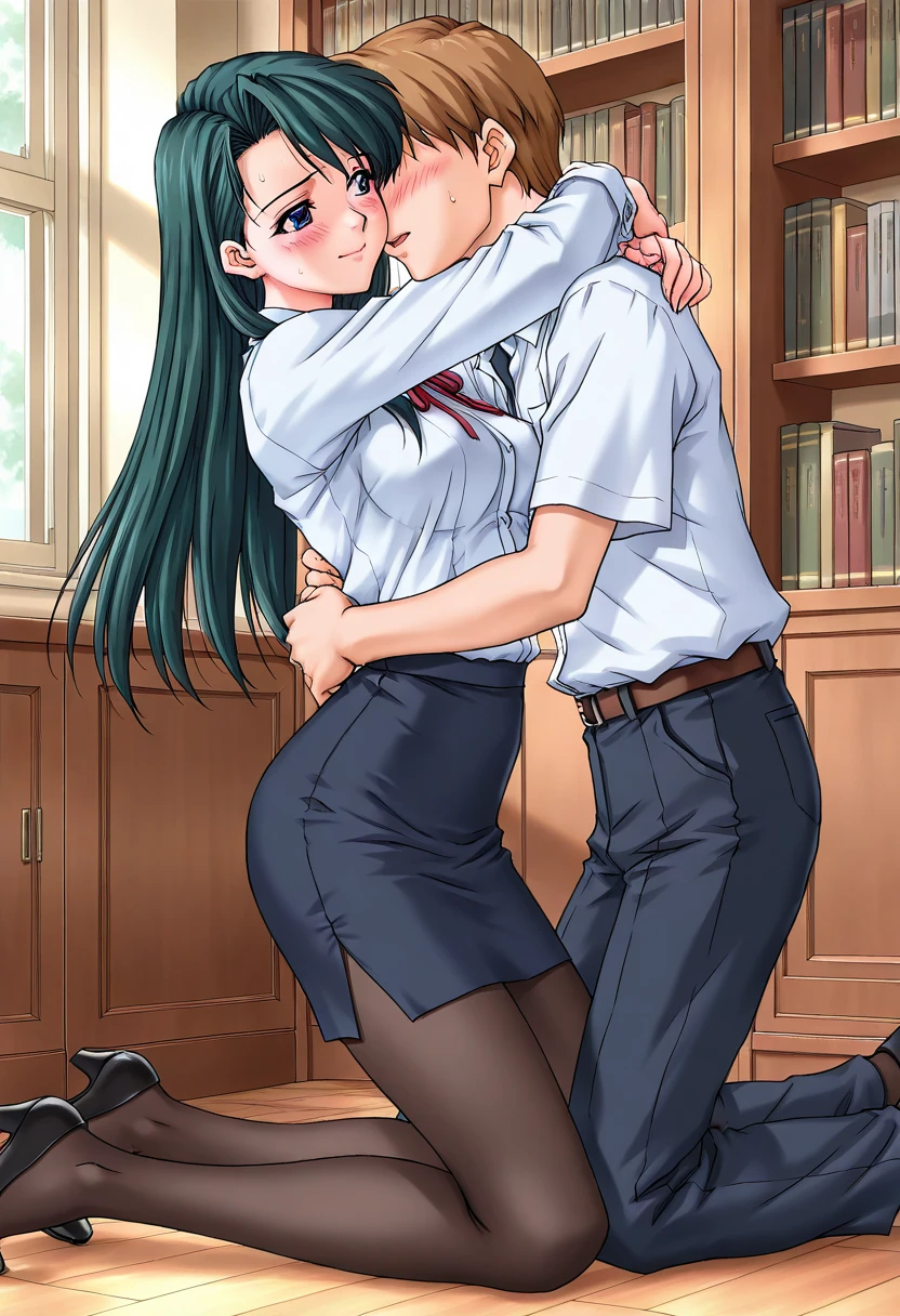score_9,score_8_up,score_7_up,source_アニメ, masterpiece , アニメ screencap, rating_explicit, Uncensored, BREAK onee-shota, 1girl and 1boy, qvj, Yor briar, spy x family, eyes, black hair, short hair with long locks, hairband, (Mature Woman、Mature Woman、pretty、beautiful、Fascinating、White skin、Curvy sexy body、Smooth body、Curvy Body、Long sexy black hair、Earrings、Glossy Lips、Sexy lips、Sexy Teacher Uniform、High heels、Controlling and seducing men、cunning、Grin、mischief、) fdom_awall、lhand_Touch、rhand_face、