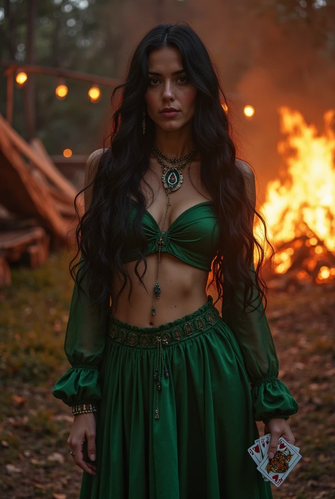 1female, long wavy black hair, emerald green eyes, golden horn headband, flowing red dress with flame embroidery, delicate silver bracelets, barefoot, moonlit forest background with glowing fireflies, detailed face, masterpiece, 8k