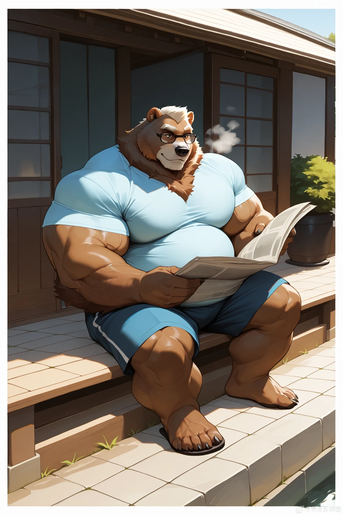 (cute, fat, obese, anthro, male, two headed polar bear), nude, (((cropped cyan tank top, cyan briefs))), room, window, book shelf, table, sunlight, ambient lighting, full of effects, centered, dynamic, highly detailed, intricate details, detailxl