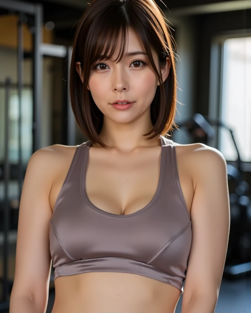 ((Highest quality, 64k, masterpiece :1.3))、(((Hyperrealistic)))、looking at the camera、A very beautiful 28 year old Japanese female volleyball player、(((White semen overflows from her mouth and drips down to her chest.)))、Short bob hairstyle a little messy after sex、The whole body is wet with sweat、(((Bust size is B cup)))、The breasts are small、((A black thin tank top and black thin shorts set-up))、Sitting with legs apart on a training bench in an indoor gym、Her mouth is open, unable to withstand the sexual pleasure、 Highest quality,(RAW Photos:1.2),(masterpiece:1.4),(Realistic:1.4)、Moist eyes、Beautiful black eyes.bukkake、(((Smaller breasts)))