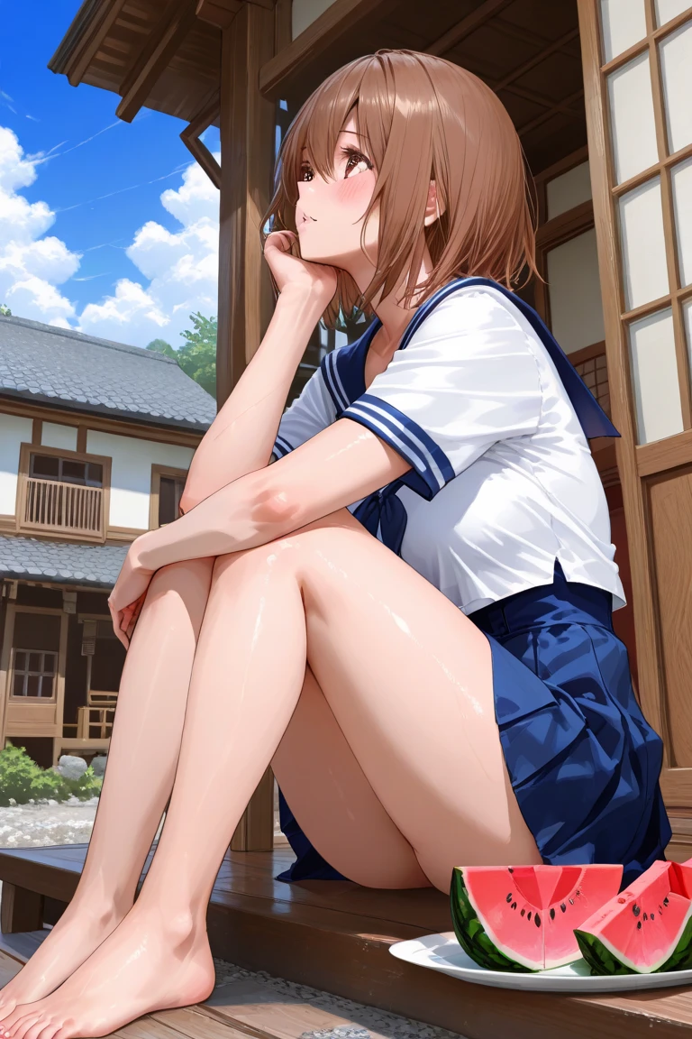 Schoolgirl, Brown hair, Medium Hair, Sailor Suit, (Naked:1.4),  (Blushing:1.0), Detailed face, roadside, POV crouching,puddle,Sunnyday