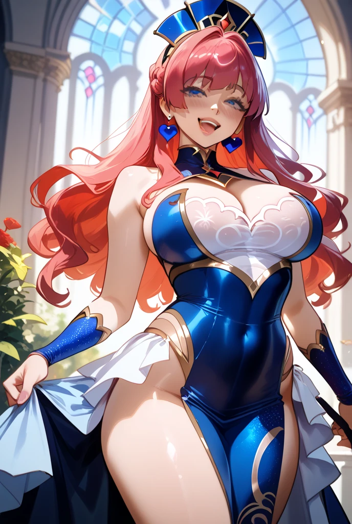 Lian, long red hair, hair stick,bangs,blue eyes, solo, smiling, standing, upper body, hips, bare shoulders,purple thighhighs,red dress, gold jewelry,armor,gloves,circlet, cleavage, red and gold royal castle, gigantic breasts, (best quality, masterpiece, beautiful and aesthetic:1.2, highest detailed face, perfect face,)  eyes, perfect face,expressive eyes,
looking at viewer, in the center of the image,(Upper_body),(Focus on her face),
official art,extremely detailed CG unity 8k wallpaper, perfect lighting,Colorful, Bright_Front_face_Lighting,shiny skin, 
(masterpiece:1.0),(best_quality:1.0), ultra high res,4K,ultra-detailed

