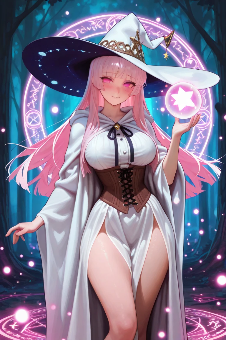 The upper part of the body、one girls、i have silver hair color、Two-tone、(Pink Highlight Hair、curly hair magician、Wizard Hat、very Bigger breasts、Has a shining wand、Countless glowing spheres float、Glowing soap bubbles、