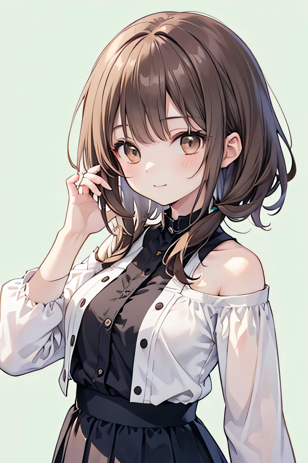 masterpiece, best quality, high quality, detailed face, 1girl, solo, young woman, 19 years old university student, aspiring nurse, slightly petite build (around 152cm), slender, calm brown shoulder-length hair loosely tied back, large dark brown eyes, wearing simple neat casual clothes (like a light color blouse and skirt), gentle smile, calm and intelligent expression, slightly reserved atmosphere, anime style illustration, 2D art, green background, plain background, simple background