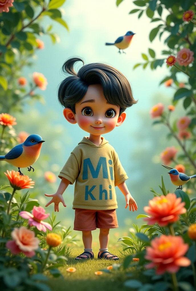 A 3 single boy wearing a ash colour short and marron colour t-shirt. Printed "Kasun" on the t-shirt he is smiling wel.some butterflys are flying around him, and they comes in his body.chocolate on left hand. small comb on right hand.