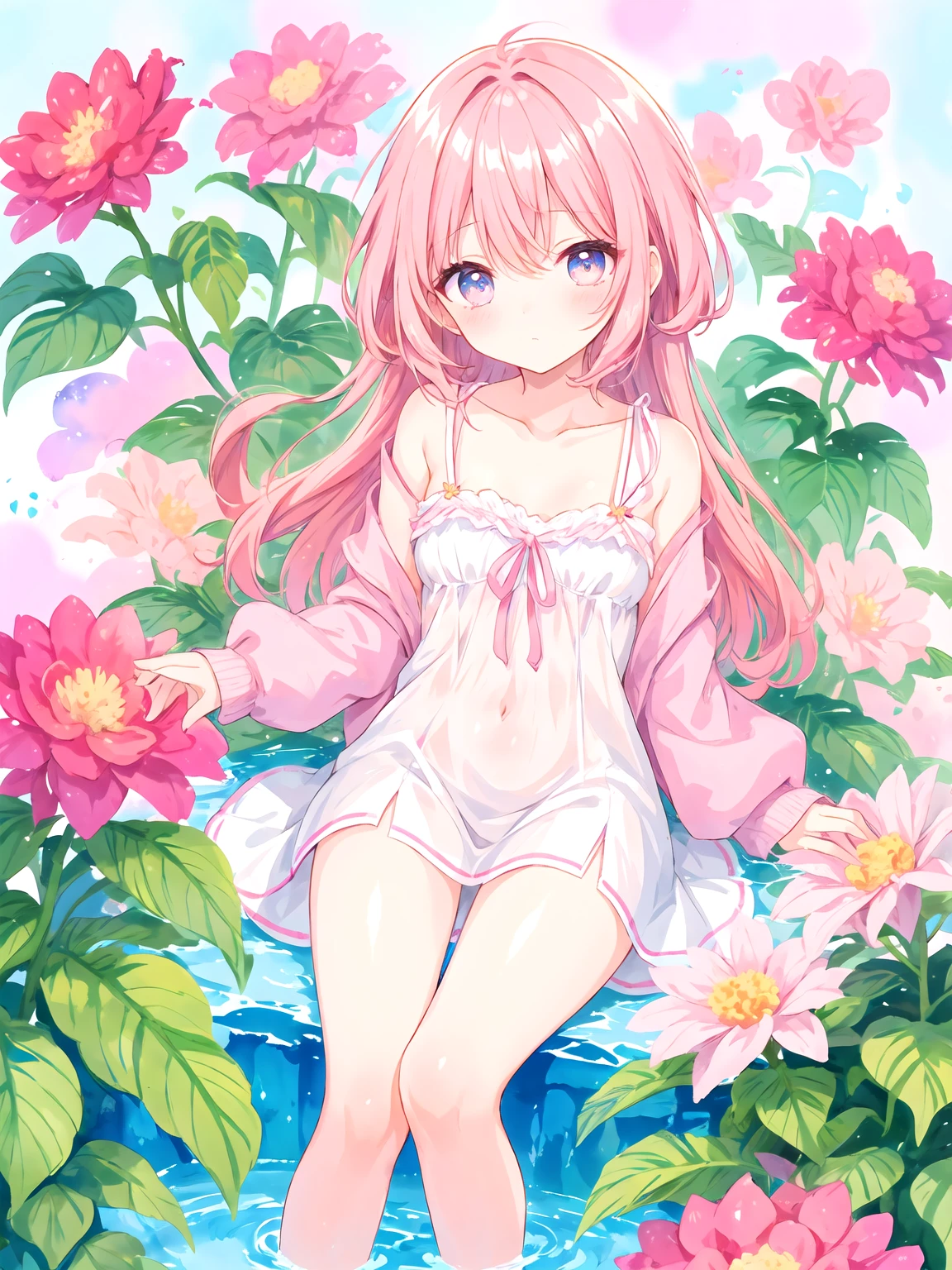 Top Quality, Masterpiece, High Definition, Very Detailed, 8k, One Girl, Cute, Anime, Crystal Clear White Skin, Sensual, Full Body, 2nd Grade of Junior High School, 13 Years Old, (Hair Color Shining Light Pink), Beautiful Cute, Bow on Head, Too Many Hair Ornaments, Cute Micro Bikini Style, Crazy Worldview, Bloody, Eyes Glowing Suspiciously Red, Fairyland, Back road, crazy smile, bright red oasis, hand on crotch, inviting