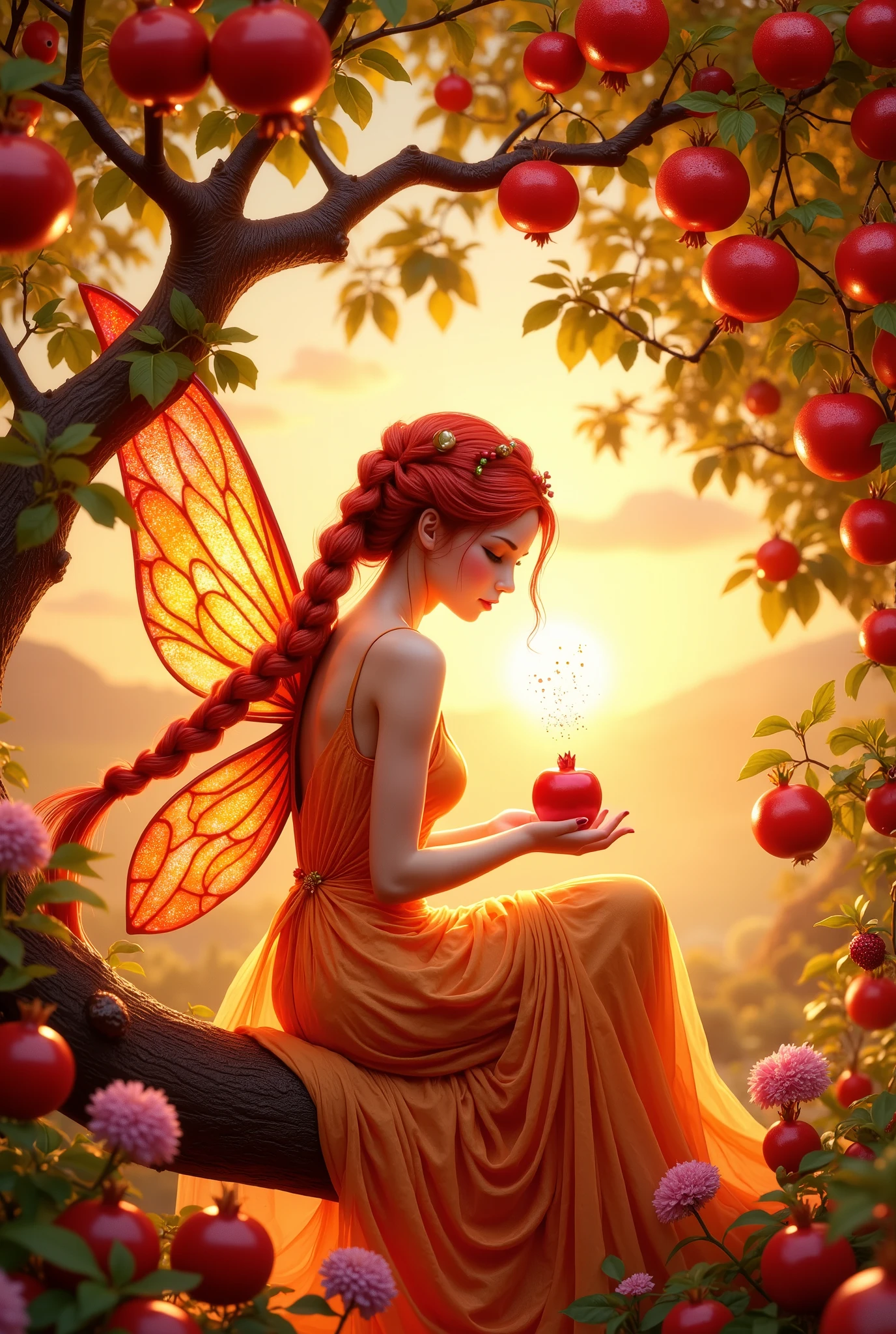 Whimsical fairy, fairy with delicate features and olive skin, sits gracefully on a pomegranate tree in a palette of soft orange, hung with ripe fruits. Her bright dress, emphasizing the unearthly quality of the fairy and the beauty of the sunrise, flows around her slender body. Two playful braids in a beautiful red fiery color lush beautiful hair, decorated with tiny pomegranate seeds, cascades down her back. woven from lush green leaf crimson pomegranate flowers and raspberry flowers, Each leaf glitters with tiny drops of morning dew. Her pose is relaxed, surround them but ; her facial expression expresses serene joy and surprise. fairy wings, translucent and iridescent, shimmer with thin features and olive skin. The scene unfolds at dawn, bathed in the soft, the warm glow of the rising sun, She gently holds a sparkling ruby-red pomegranate seed. with hints of the hues of sunrise, reflecting golden light. The background is flooded, pink and yellow tones, that seeps through the dew-kissed pomegranate leaves. The texture is lush and bright; The gentle tilt of her head adds captivating charm, with the shiny surface of the leaves and the delicate skin of the. Стиль представляет собой смесь модерна и фэнтези иллюстрации с акцентом на difficult details и причудливую, fabulous atmosphere. overall plan, slightly low angle, The velvety petals of the pomegranate flowers contrast with the smooth, masterpiece, better quality, high detail, clearly, Exactly, Wonderful, 8k, difficult details, cute, attractively, fabulous, joyful scene,