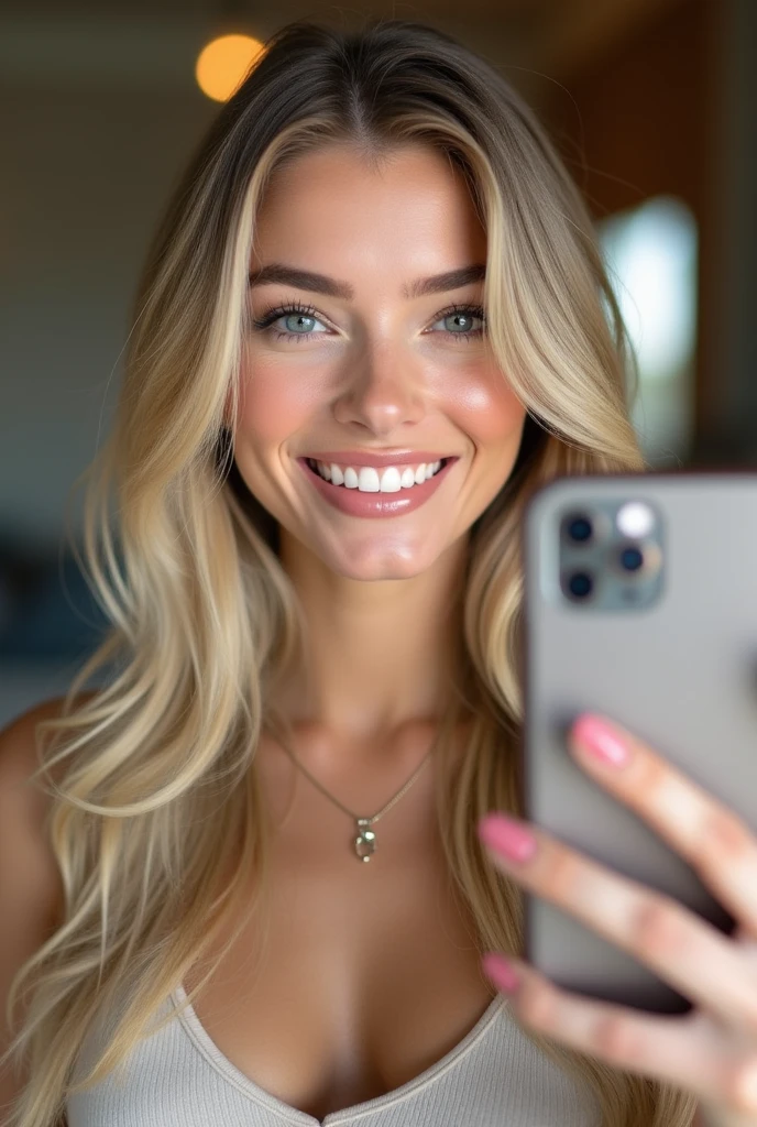 Create an image of a charming 19-year-old blonde Instagram influencer. She has long, wavy hair with a natural, golden hue, and her makeup is minimal yet enhances her youthful and radiant features. She is dressed in trendy, casual fashion—think high-waisted jeans paired with a cropped pastel-colored top, or a stylish summer dress. She is posing in a bright, aesthetically pleasing setting, like a cozy café with plants or an outdoor location with soft, natural lighting. Her expression is warm and engaging, with a slight, confident smile. She’s holding a smartphone, capturing a selfie or interacting with her followers in a friendly manner. The overall vibe is light, approachable, and aspirational, reflecting the lifestyle often seen on popular Instagram accounts. The image should focus on her personality and charm, rather than specific brands or logos, to maintain a generic and original style.