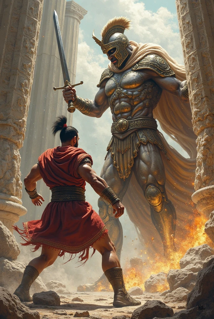 Greek god fighting a Spartan 
