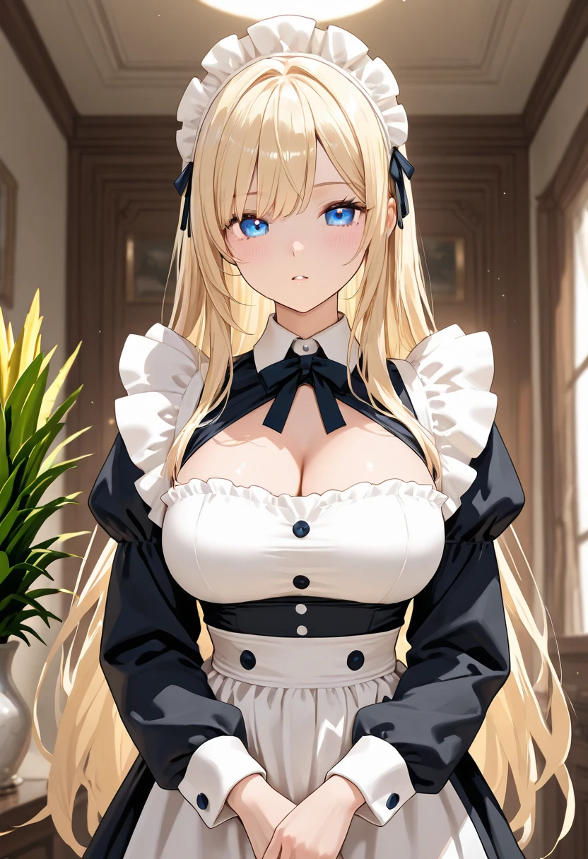 ((highest quality、High resolution、8K、masterpiece:1.3))、dynamic angle、wallpaper、1 girl、unparalleled beauty、ultimate beauty、super detailed face、delicate eyes、smile shyly、sexy look、Depth of bounds written、light particles、side light、long hair、blonde、(maid、高品質なmaid服)、(Lifting the skirt with both hands)、((She shyly lifts up her skirt and shows her white panties.))、big breasts、cleavage、Thighhighs、thighs、slim、slender、Old castle at night