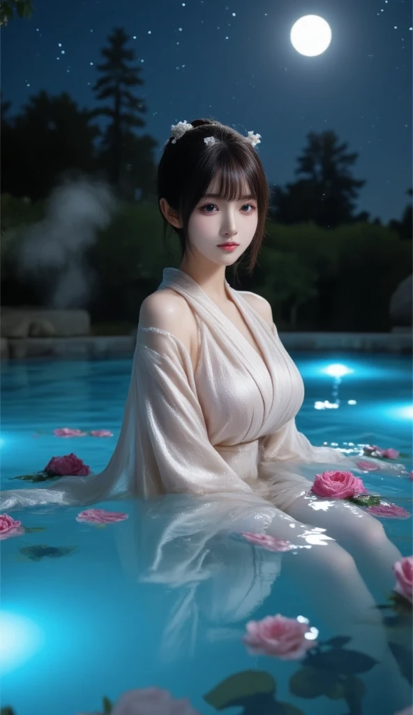 full body,low angle,from below,♥(japanese flower printed yukata),(bathing in the spa), ((1girl,cute,young,Semi long beautiful black hair,blunt bangs,beautiful green eyes)),(solo),((masterpiece, highest resolution,best quality)), ((realistic:1.5,Beautiful girl RAW photo)), (bathing in the spa), (looking at the viewer), innocent smile,cinematic lighting,beautiful outside open spa, rocks,natural beauty,full moon,night sky