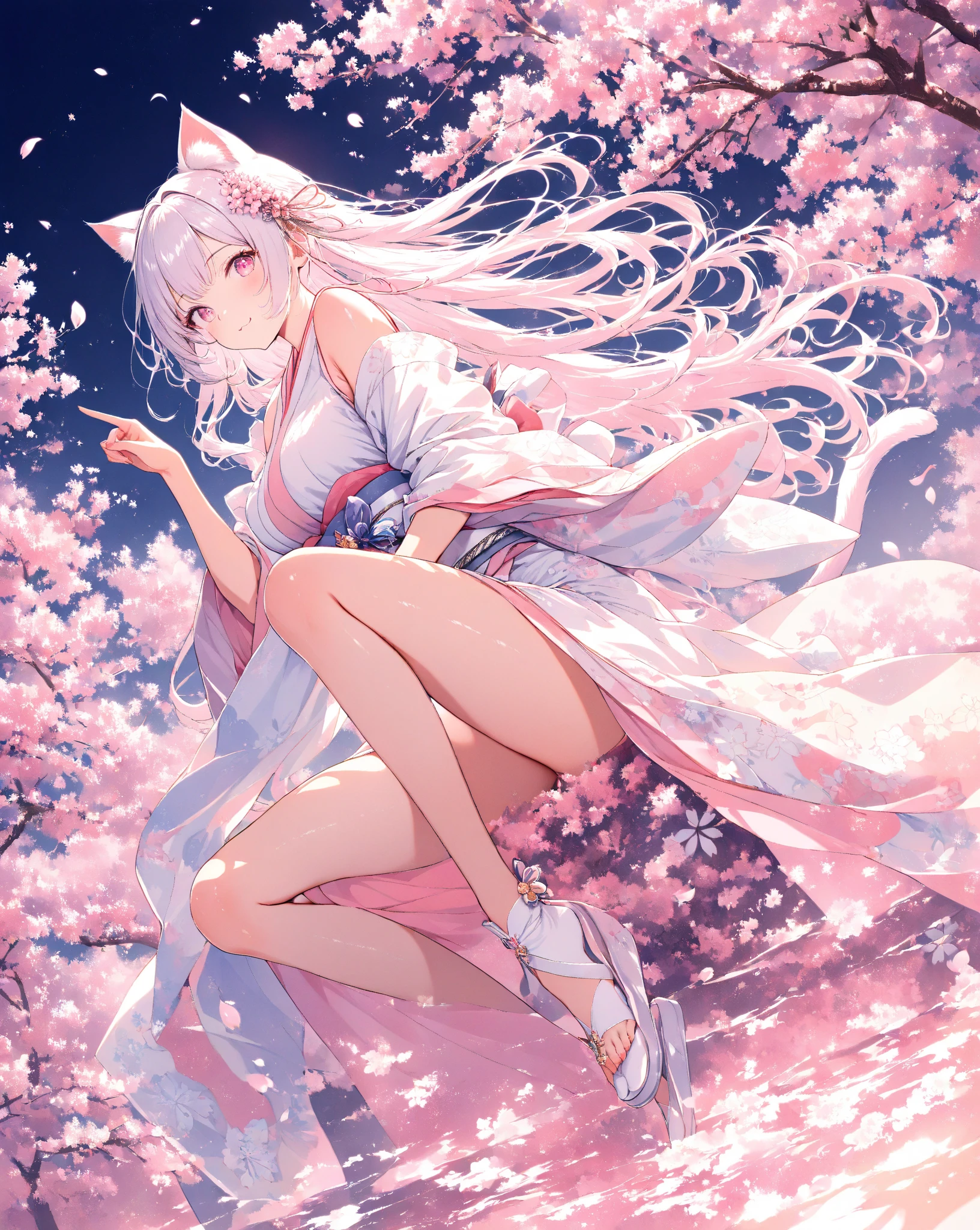 A woman in a red wedding dress lying on a peach blossom tree with a magic wand , anime two-dimensional art, genshin impact, genshin impact character, 1 girl, solo, barefoot, long hair, purple hair, purple eyes, book, full body, dress, ahog, looking at the audience, white dress, split sleeves, hair accessories, bangs, holding, wide sleeves, purple ribbon, blush, smile, standing, stars (symbol), breasts, bare legs, very long hair, toes, ribbon, long sleeves, jewelry, feet, open book, open mouth, hold book, sleeveless , bare shoulders, flowers, frills, bows, hair flowers
