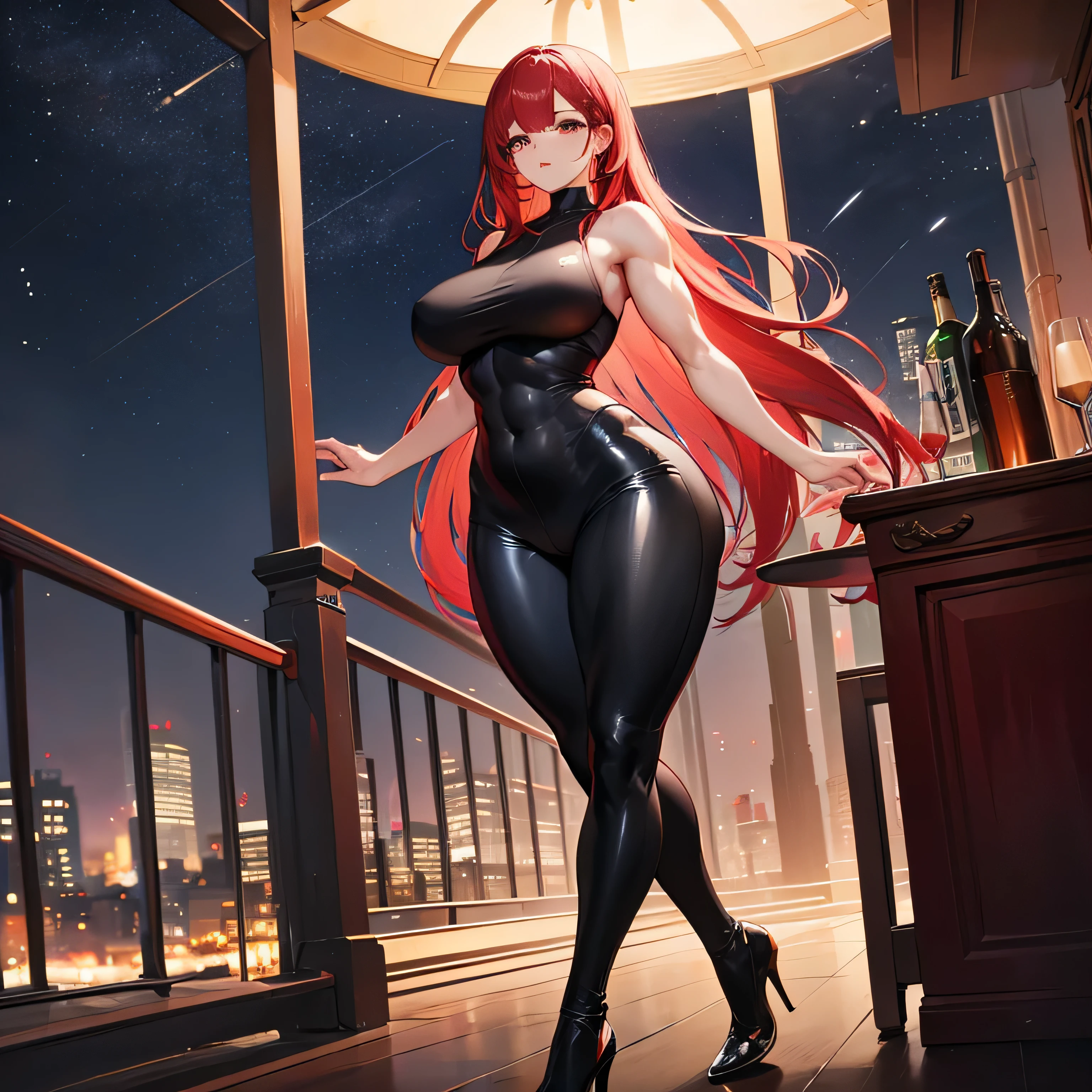 linda ruiva com maio vermelho, long black tights,com salto alto vermelho, olhar sexy,belos olhos, em pe olhando para frente,olhar serio pose sexy,cidade a noite com neom