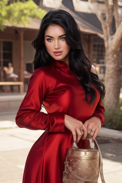 ((Mfoto de (Emikin:0.99), una mujer como influencer sexy de TikTok, Cabello moreno largo, Ojos azules grandes, senos extra grandes, Estilo realistic, (Fondo de pantalla CG unity 8k extremadamente detallado), photo of the world's most beautiful artwork, Profesional Majestuoso (photography by Steve McCurry), 8k UHD, digital slr camera, Soft lighting, alta calidad, film grain, Fujifilm XT3 Sharp focus, f 5.6, Alto detalle, Sharp focus, dramatic, (usando un vestido rojo sexy), (mira al espectador:1.2), (alumnos detallados:1.3), (Luz natural), (de cerca:1.2), (seductor), Brown hair color, Hoyuelos en las mejillasejor calidad)), ((obra maestra)), (detallado), cara perfecta