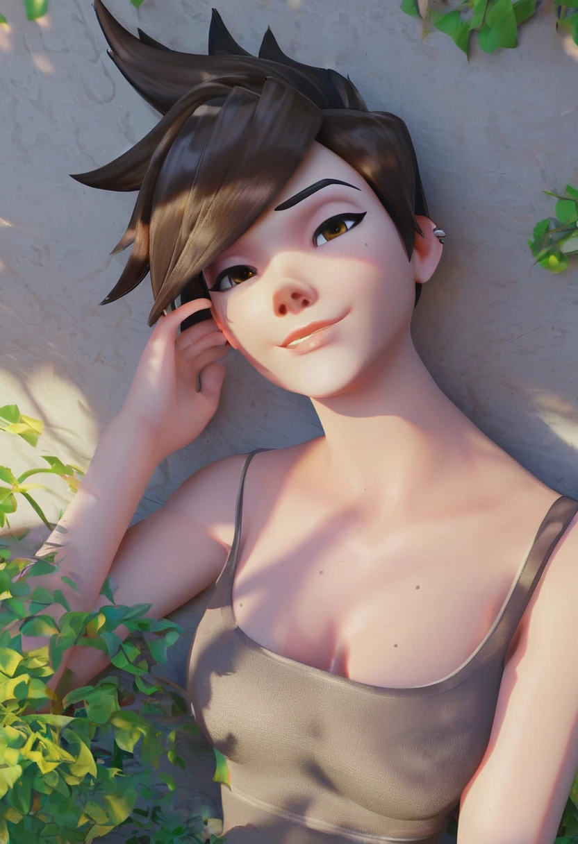 VHS cover for a porn starring tracer. hoop-earings. biting her lip. naked. nude. slut. small_boobs. freckles. pornstar nsfw