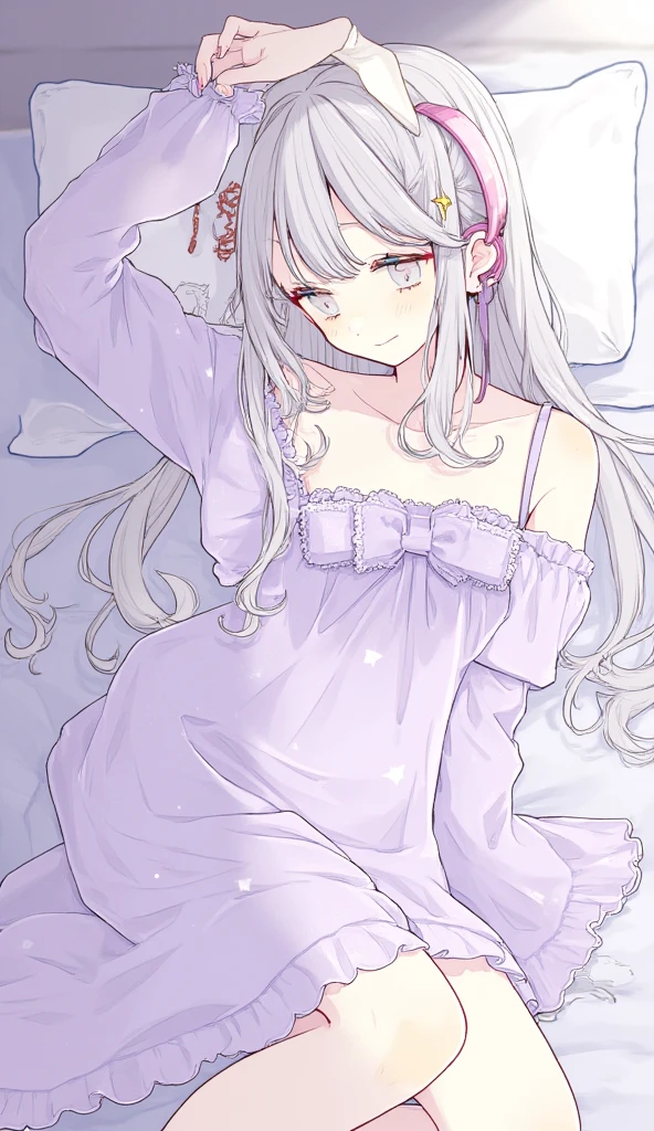 (muste piece), (best quality), (score_9, score_8_up, score_7_up), very detailed eyes, expressive eyes, perfect face, very detailed face, highly detailed face, beautiful girl, 8K, beautiful girl, white background, delicate and beautiful face and eyes, dark intense shadow,
1 girl, vtuber style, cool girl, hololive, vtuber, Kagura , Silver hair and pink colored inner hair, long hair, blue eyes, hair between eyes, ahoge, see-through:pajamas, no bra, chest visible through clothes, cameltoe, ass visible through thighs, small chest, clavicle, closing eyes, sleeping, breathing, (full body), barefoot, naked thighs, lying on bed, from below, pov crotch,