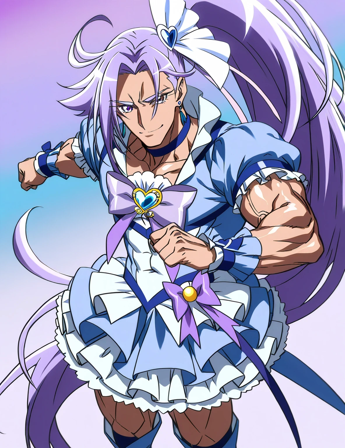 score 9 、score 8 up、score 7 up、source anime、masterpiece、top quality、high resolution、Highly Detailed Faces、 very detailed eyes、anime coloring、1boy、cure beat、(male:1.5)、Close up of a cartoon male character in a blue dress、beefcake standing、purple hair、side ponytail hair、high ponytai lhair、very long hair、parted bangs、stupid hair、yellow porn、eyelash、shiny hair、 hairpin、hair bow、earrings、solo、 Zodiac Boy 、Magic Boy、portrait Zodiac Boy 、Long Legged 、covered pectoralis major、blue puffy short sleeves、frilled sleeves、Bare Thighs、blue mini skirt、frilled skirt、layered skirt、white mini skirt under the blue mini skirt、wrist cuffs、purple neckwear、 purple choker、jewelry、heart brooch、 blue legwear 、blue thighhighs、blue footwear、knee boots、high heels、frilled dress、!!full body portrait!!、 Magic Boyのスタイル、 magical aura、 Anime Prince 、naughty anime style、cure beat outfit、 hymn to the king as prince 、Covered trapezius、biceps、biceps long head、biceps short head、triceps、triceps medial head、triceps lateral head、triceps long head、brachioradialis 、covered deltoids、thigh muscles、semitendinosus muscles、covered adductor magnus muscles、cool smile、sexy smile、(manly:1.5)、perfect body、perfect hands、perfect arms、perfect legs、looking at viewer、male focus、cowboy shot、(male body:1.5)、beefcake style、(manly face:1.5)、blue background、purple background、two tone background、gradient background、multicolored background、